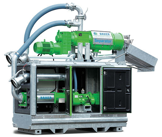 The Bauer plug-and-play mobile separation system houses an eccentric screw intake pump, a rotary discharge pump and an electronic control unit, cabling and flexible pipes within a galvanised steel cabinet. A Bauer screw press separator is mounted on top.