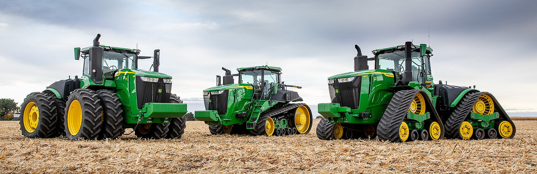 The 2021 Deere offering includes 9R wheeled tractors, 9RT twin-track models and 9RX four-track versions. 