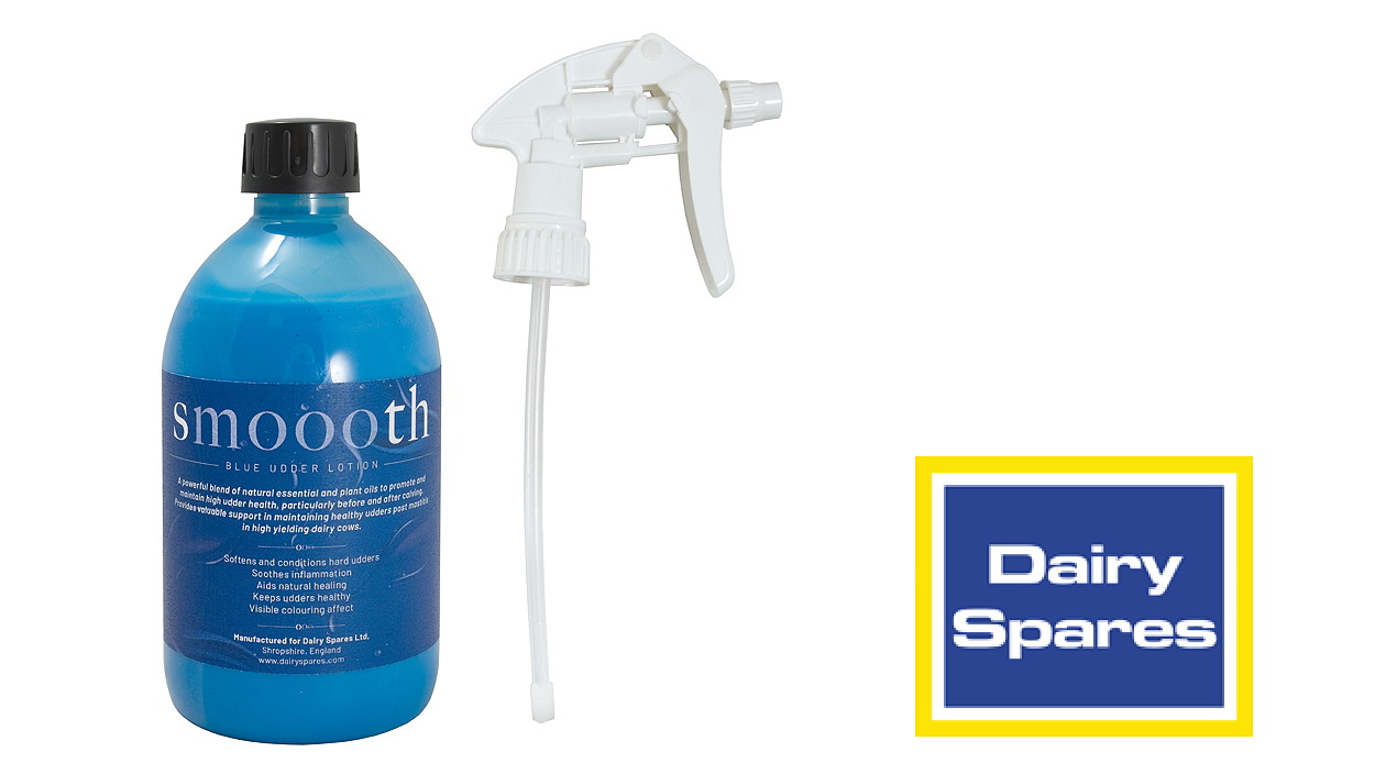 Smoooth blue udder lotion is available in spray form, allowing quick and easy application