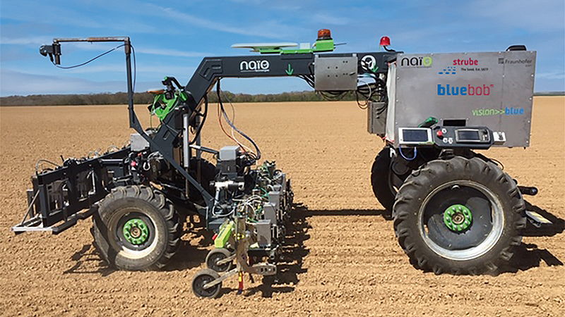 Naïo Technologies' BlueBob prototype is a six-row, fully electric and autonomously navigating field robot for mechanical weed control in sugar beet