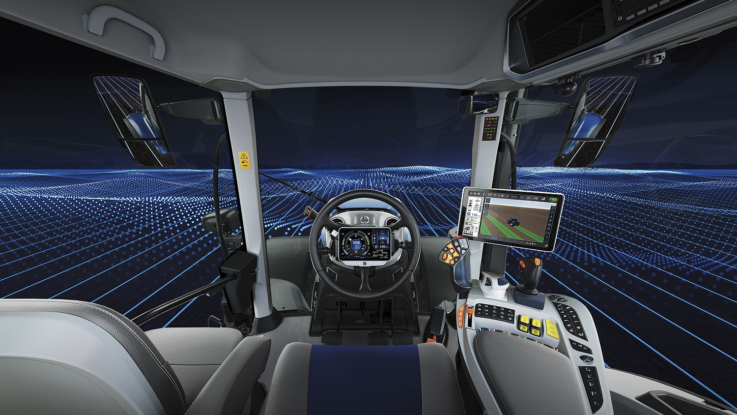 The Horizon Ultra cab on the new T7HD tractors features the new CentreView display placed in the centre of the steering wheel – an industry first – that helps provide the operator with a clear line of sight