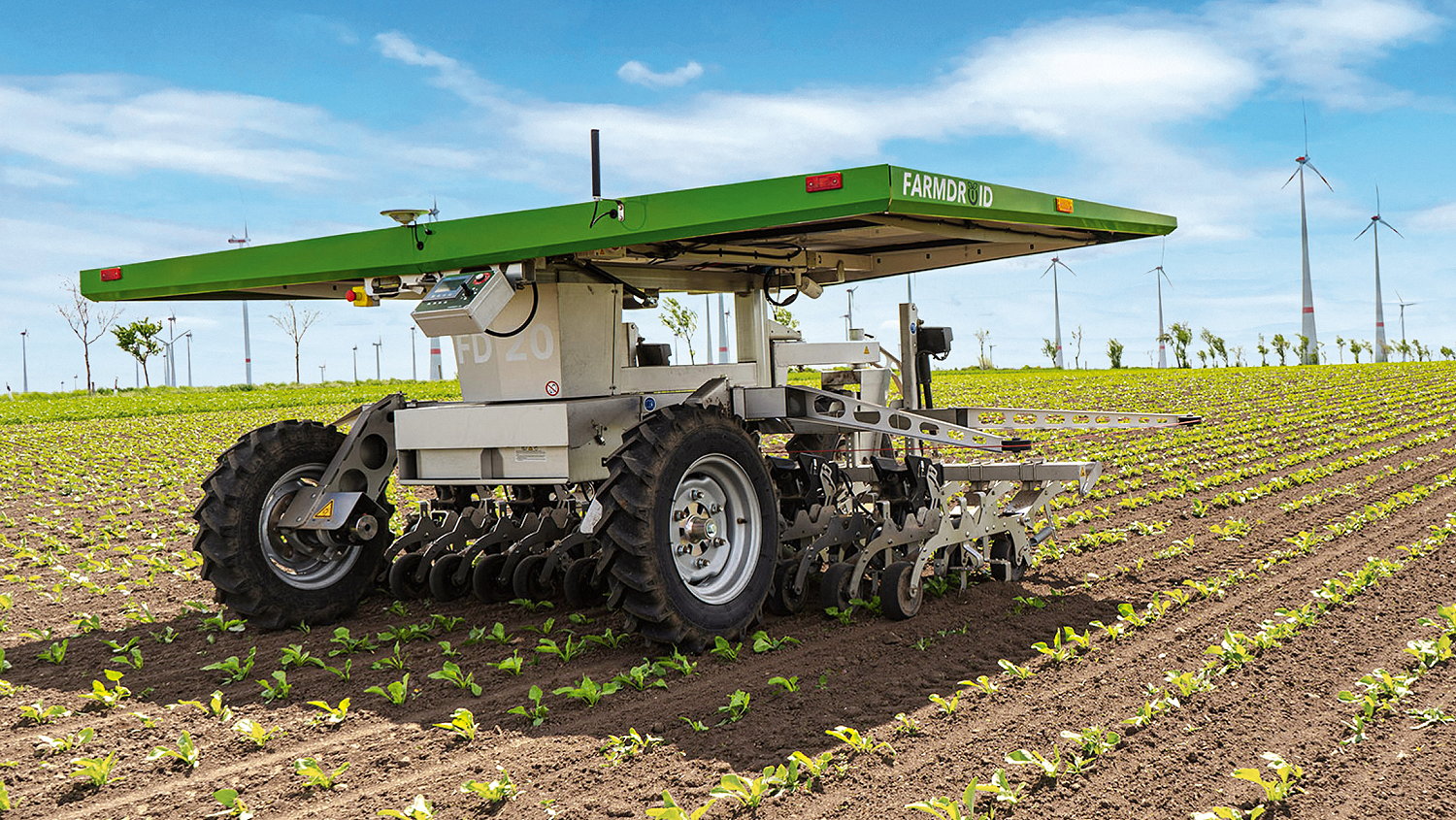 Amazone's The FarmDroid FD20 robot is equipped with a GPS seeding system, a hoe and an innovative precision spraying system for spot applications