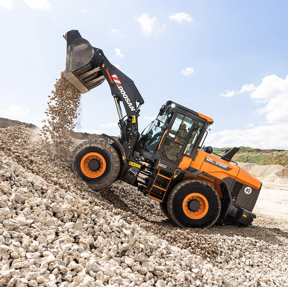 Doosan's DL200-7 wheeled loader is powered by a 144hp Perkins diesel