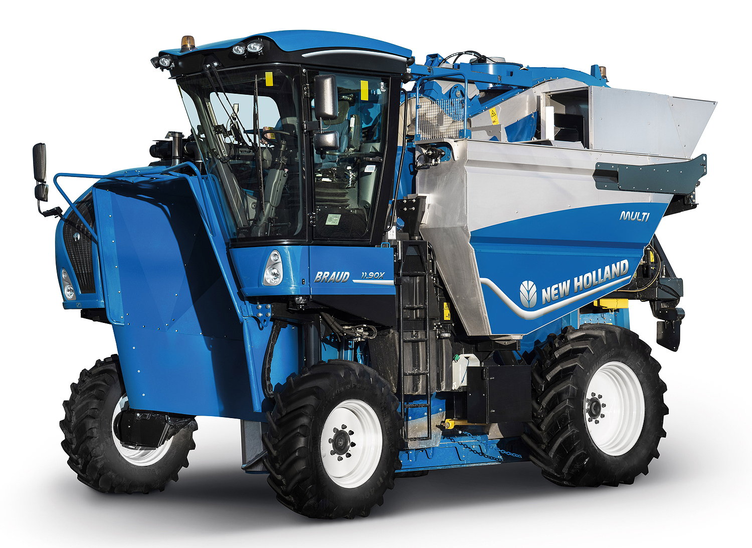 The New Holland Braud Braud 11.90X Multi can work in multiple crops, respecting the trees and picking the fruit with the highest efficiency