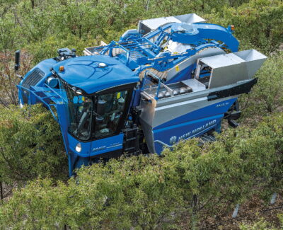 The New Holland Braud 11.90X Multi can harvest almonds at a rate of up to 4 km/hr