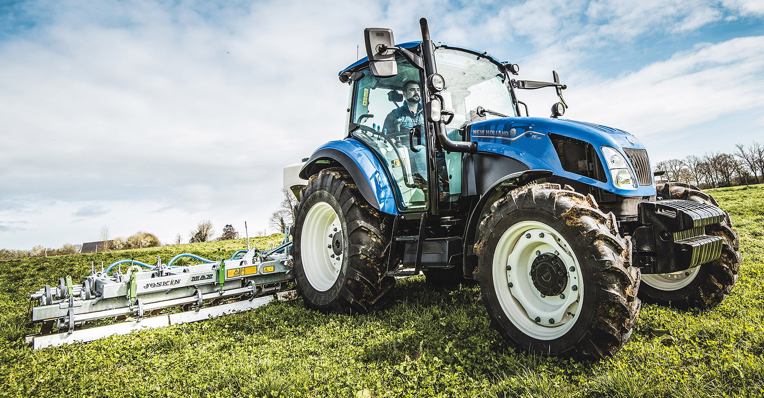 New Holland's T5 Utility range is promoted as perfect for loader work, operating front or rear implements, and transport applications