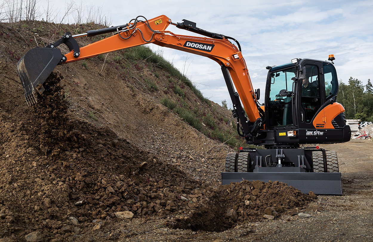 Doosan's new DX57W-7 wheeled excavator is just one of the products available from Blue Machinery's new dealership