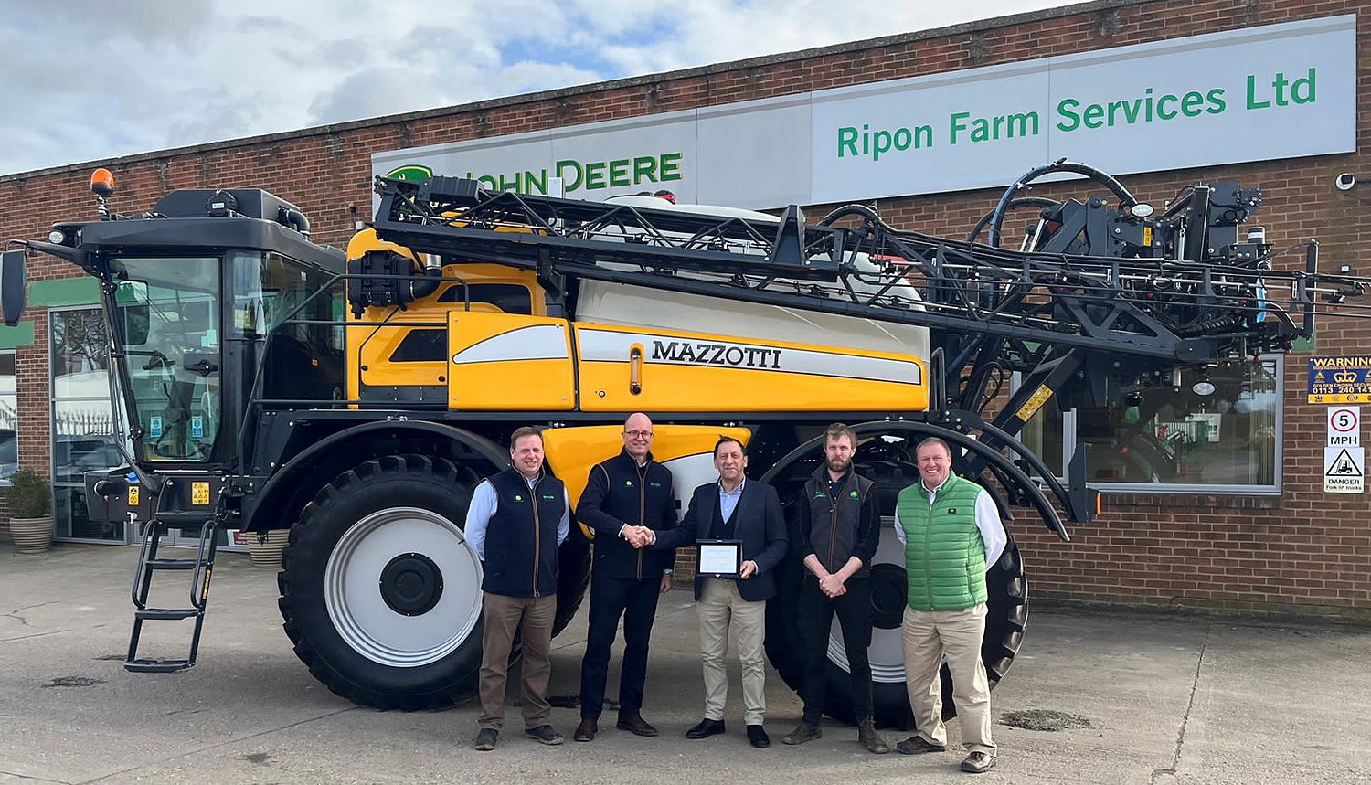 Pictured (from left) are: at Ripon Farm Services' (RFS) area sales manager, Mike Pickering; RFS commercial director Richard Simpson; Mazzotti’s export manager Vincenzo Gasperi; RFS technology specialist Jack Forman and John Deere crop care specialist Mark James