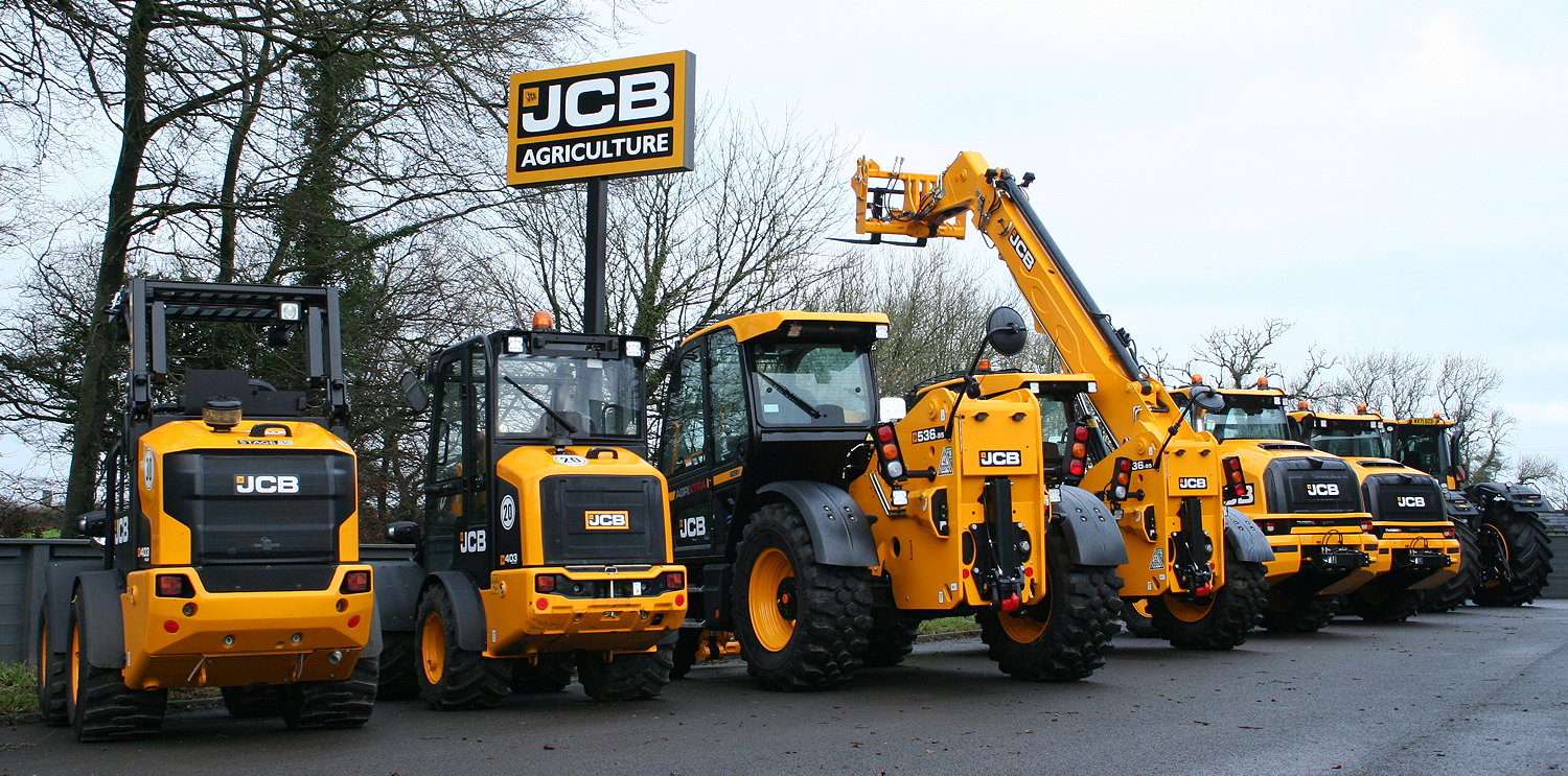 The line-up of JCB loaders, telescopic handlers and Fastrac tractors at Reco JCB's Gurney Slade premises