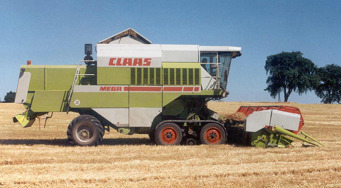 A 1994 Claas Mega with a prototype track system driven by pneumatic tyres