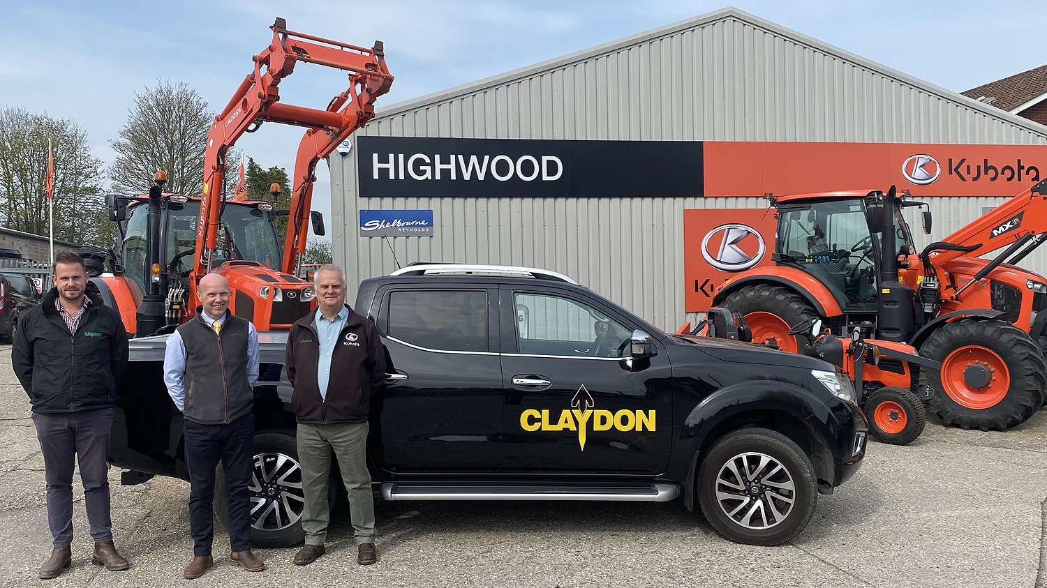 Highwood's area sales manager, Dan Waterman (left), and operations director, Nick Green (right), are pictured withh Claydon's sales manager for the South-west, Mike Bywater