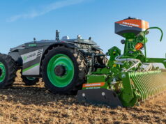 AgXeed's four-wheeled AgBot with a 3.0m Amazone rotary harrow with GreenDrill catch crop seeder box