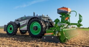 AgXeed's four-wheeled AgBot with a 3.0m Amazone rotary harrow with GreenDrill catch crop seeder box