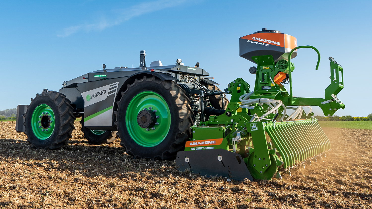 AgXeed's four-wheeled AgBot with a 3.0m Amazone rotary harrow with GreenDrill catch crop seeder box