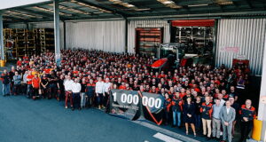 Staff at Massey Ferguson's Beauvais plant with the one-millionth tractor to roll off the production line there