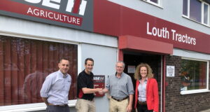 Pictured (from left) are: Sharmens' aftermarket director, James Madge; Sharmans' managing director, Scott Barclay; Louth Tractors' managing director, John Smith; and Sharmans' marketing director, Sally-Anne Hazard