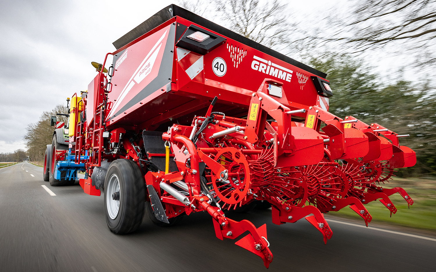 Grimme's Prios 440 four-row cup potato planter is only 3.0m wide for road transport, making the move from field-to-field much easier.