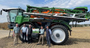 Pictured (left to right) at the handover of Amazone's 75,000th sprayer are: managing director of Amazone Ltd, Simon Brown; James Faulkner and Robert Davidson of Robert Davidson & Son; Amazone Ltd territory manager Rupert Batho; and Tim Osbourne of RW Crawford Ltd.