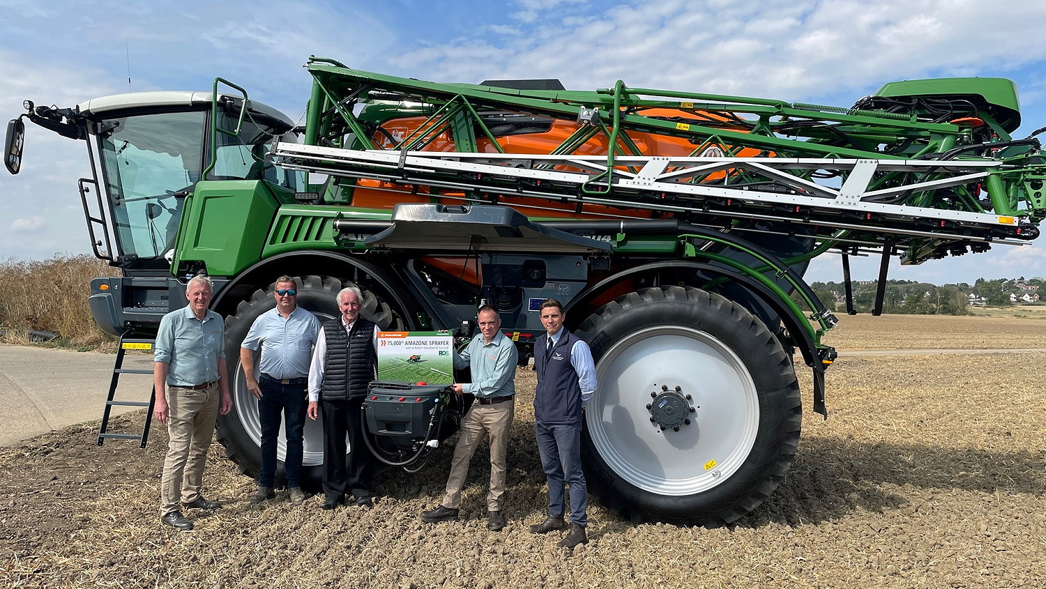 Pictured (left to right) at the handover of Amazone's 75,000th sprayer are: managing director of Amazone Ltd, Simon Brown; James Faulkner and Robert Davidson of Robert Davidson & Son; Amazone Ltd territory manager Rupert Batho; and Tim Osbourne of RW Crawford Ltd.