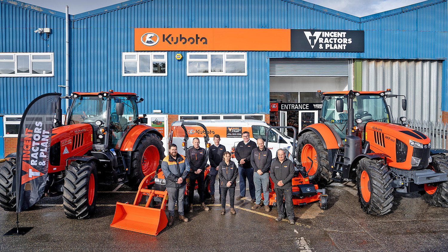 The Vincent Tractors team includes (from left): agricultural salesman Jack Martin; groundscare salesman David Mann; sales director Nick Vincent; service controller Lyn Taylor; group general manager Matthew Hodge; groundscare salesman John Scott; and technician Paul Berry.