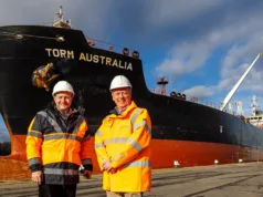 The chairman of Brineflow, John Fuller OBE, and director at the Port of Sunderland, Matthew Hunt, pictured with the tanker vessel Torm Australia.