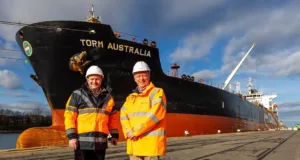 The chairman of Brineflow, John Fuller OBE, and director at the Port of Sunderland, Matthew Hunt, pictured with the tanker vessel Torm Australia.