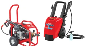 Clarke's PLS195B heavy-duty petrol-driven pressure washer (left) and the Clarke Harry 2 hot-wash pressure washer.