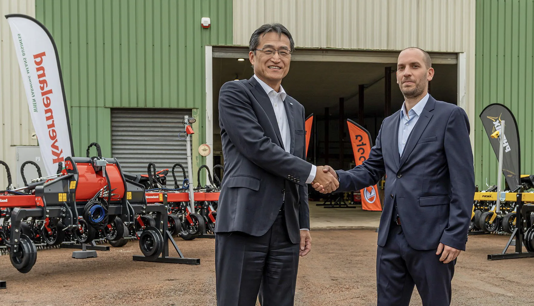 The president and CEO of Kverneland Group, Yasukazu Kamada (left), is pictured with Mathias Bounon of Phenix Agrosystem.