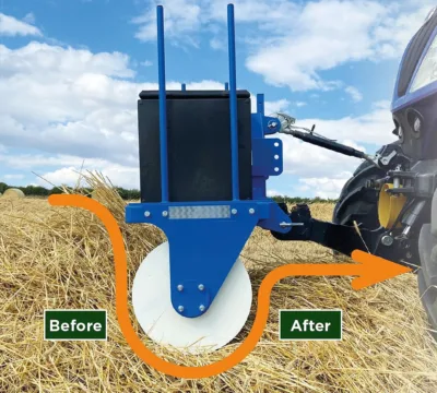 JF hudson's front-mounted storage box/crop roller combination produces a swath that feeds much more smoothly into the baler or forager's pick-up.