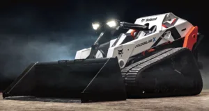 Bobcat's RogueX concept is an all-electric autonomous tracked loader that has unique functionality including both vertical-path and radial-path lift capabilities in one machine.