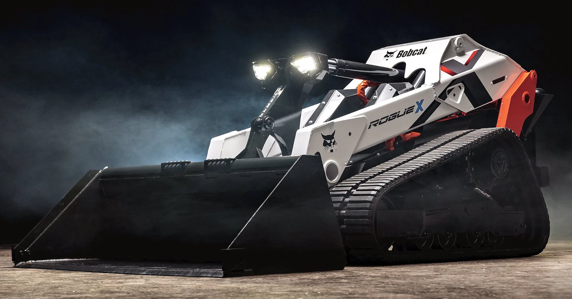 Bobcat's RogueX concept is an all-electric autonomous tracked loader that has unique functionality including both vertical-path and radial-path lift capabilities in one machine.