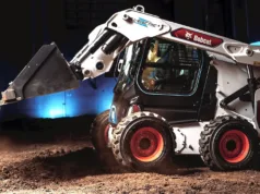 The Bobcat S7X skid-steer wheeled loader is powered by a 60.5kWh lithium-ion battery, features electric drive motors and utilises ball screw actuators for lift and tilt functions.