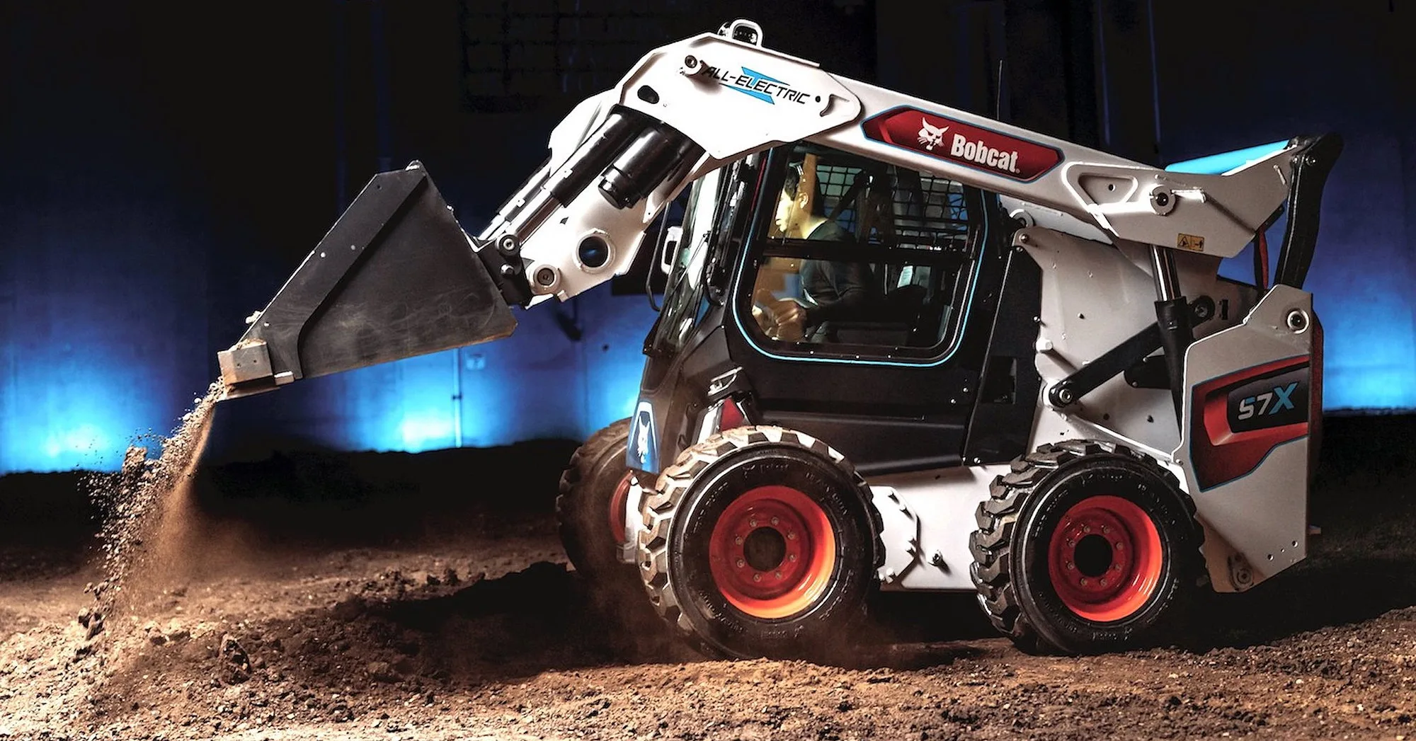 The Bobcat S7X skid-steer wheeled loader is powered by a 60.5kWh lithium-ion battery, features electric drive motors and utilises ball screw actuators for lift and tilt functions.