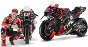 Maverick Viñales and his 2023 MotoGP Aprilia racing bike.