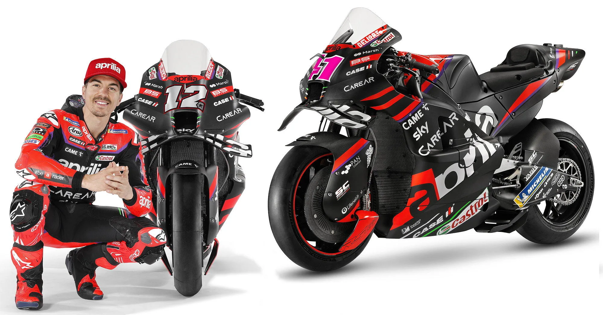 Maverick Viñales with his 2023 MotoGP Aprilia racing bike, and Aleix Espargaro's 2023 bike carrying number 41.