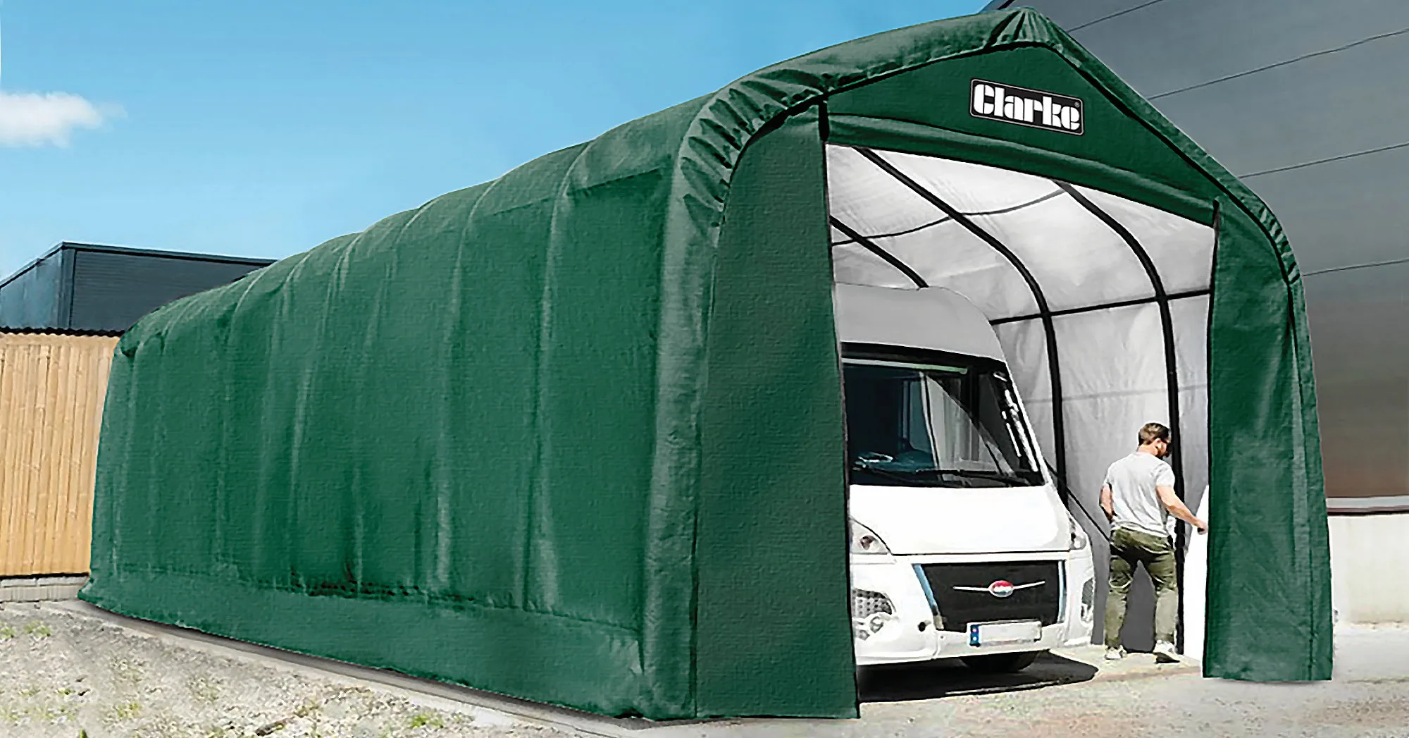 The Clarke CIG1650 XX-Large Garage/Workshop is 12m long and 4.8m wide, with a height of 4.4m.