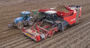 Dewulf's Kwatro Extreme four-row self-propelled potato harvester.