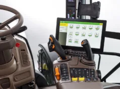 A John Deere 6R tractor fitted with the new G5 Plus CommandCenter that will be used in 2024 model year models.