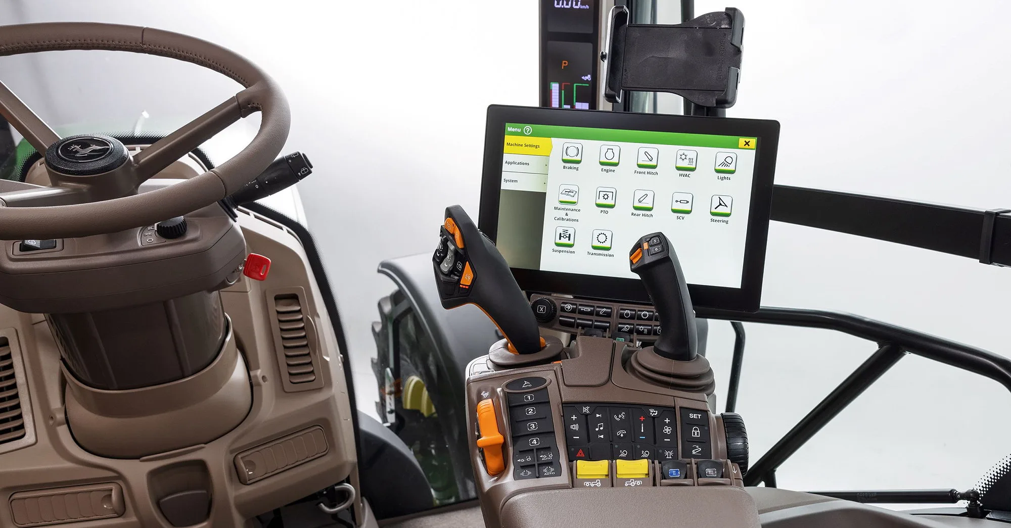 A John Deere 6R tractor fitted with the new G5 Plus CommandCenter that will be used in 2024 model year models.