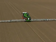 A Fendt Rogator 665 using the Smart Spraying Solution targeted spraying in a green-on-brown trial application.