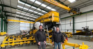 Jeff Claydon (right) and Oliver Claydon in the new Claydon Drill assembly building.