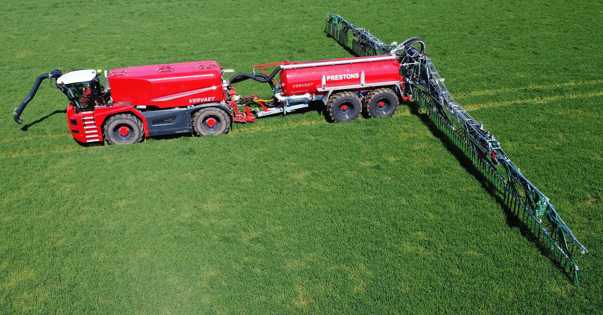 Vervaet's new Quad XL top-dressing winter barley with digestate through a 36m Vogelsang SwingMax dribble bar.