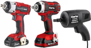 Machine Mart's mobile impact drivers include (from left): the 450Nm cordless Clarke CIR18LIC; the 160Nm cordless Clarke CCIW160; and the 350Nm 12-volt Clarke CIR13C.