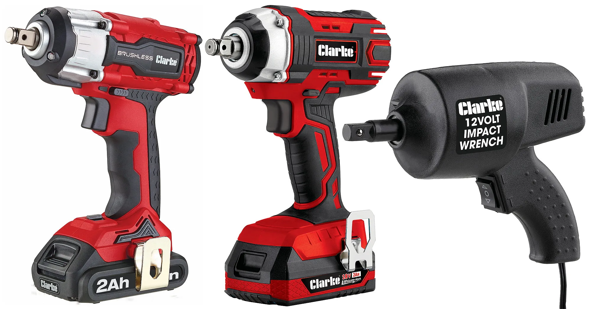 Machine Mart's mobile impact drivers include (from left): the 450Nm cordless Clarke CIR18LIC; the 160Nm cordless Clarke CCIW160; and the 350Nm 12-volt Clarke CIR13C.