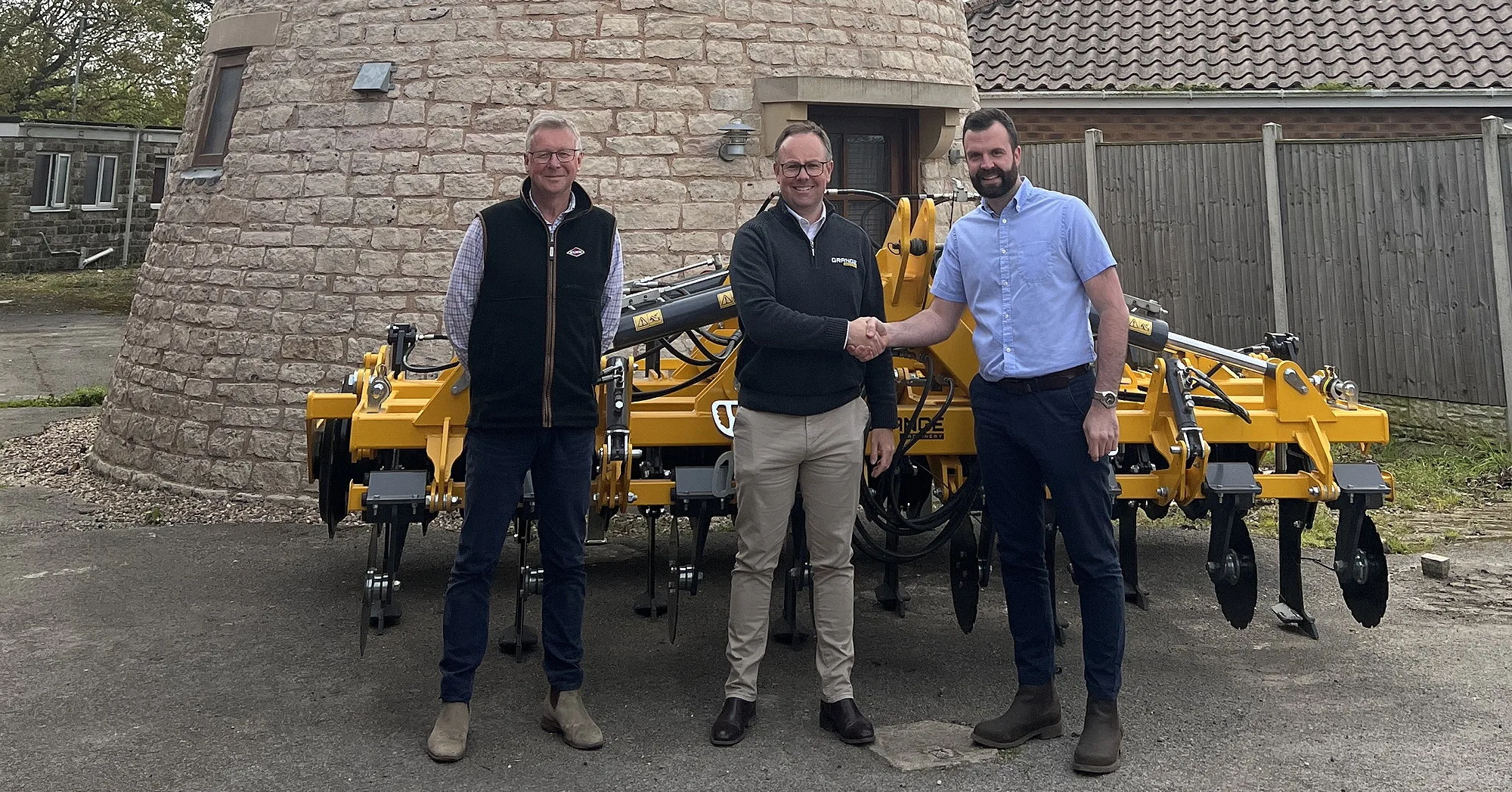 Pictured (from left): B&B Tractors' group sales manager, Colin Blood; Grange Machinery's sales manager, Oliver Beekes; and B&B Tractors' managing director, James Bowring.