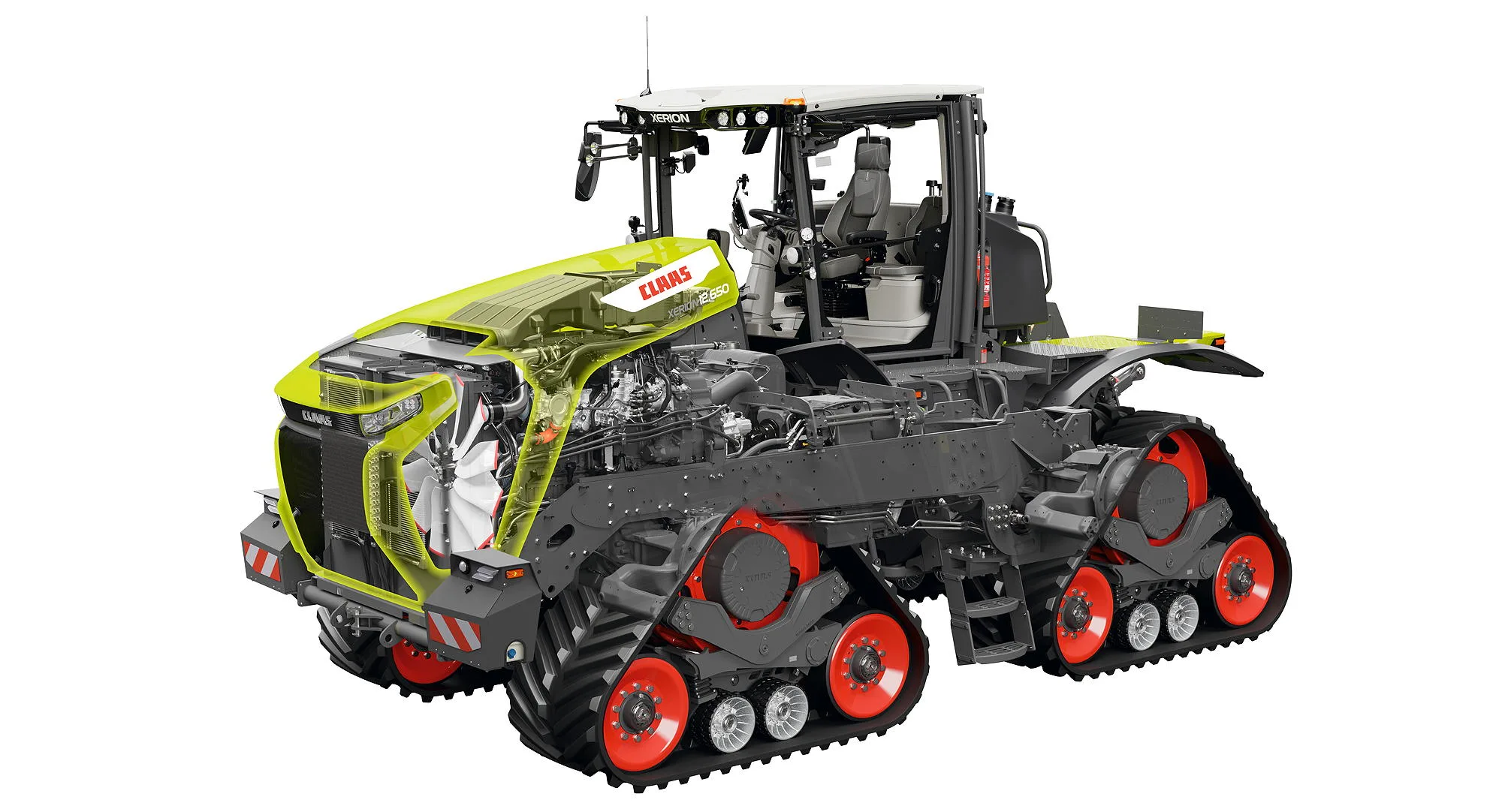 The latest 12 Series Xerion tractors feature new crawler track assemblies with positive drive to satisfy the most exacting customer requirements in terms of power transmission, soil protection and comfort.