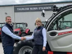 TNS Manitou business director David Banks (left) pictured with Manitou regional manager Rebecca Harris marking the extension of TNS' sales territory.