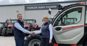 TNS Manitou business director David Banks (left) pictured with Manitou regional manager Rebecca Harris marking the extension of TNS' sales territory.