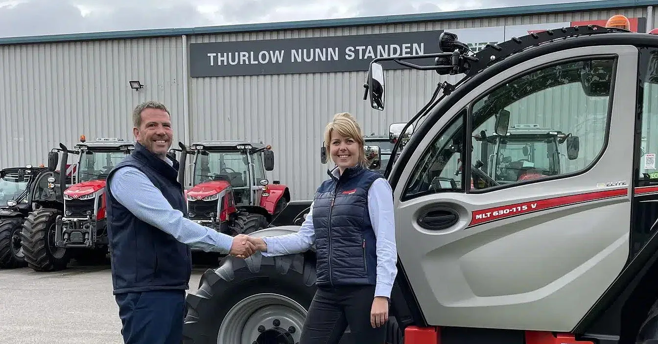 TNS Manitou business director David Banks (left) pictured with Manitou regional manager Rebecca Harris marking the extension of TNS' sales territory.